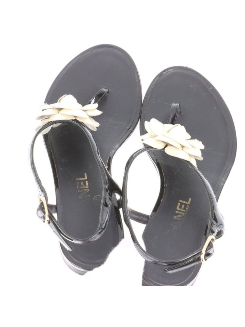 Chanel Coco Mark Camellia Patent Leather Sandals 35 C Black And Ivory - Picture 11 of 15